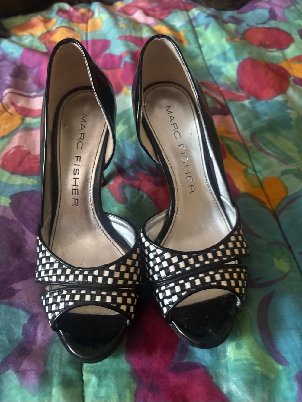 Marc Fisher Black and White Woven Peep-Toe Heels